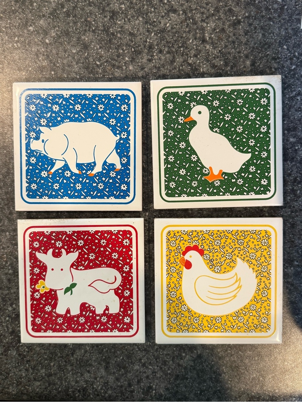 Vintage cottagecore Farm Animal Coasters Set - Blue, Green, Red, Yellow